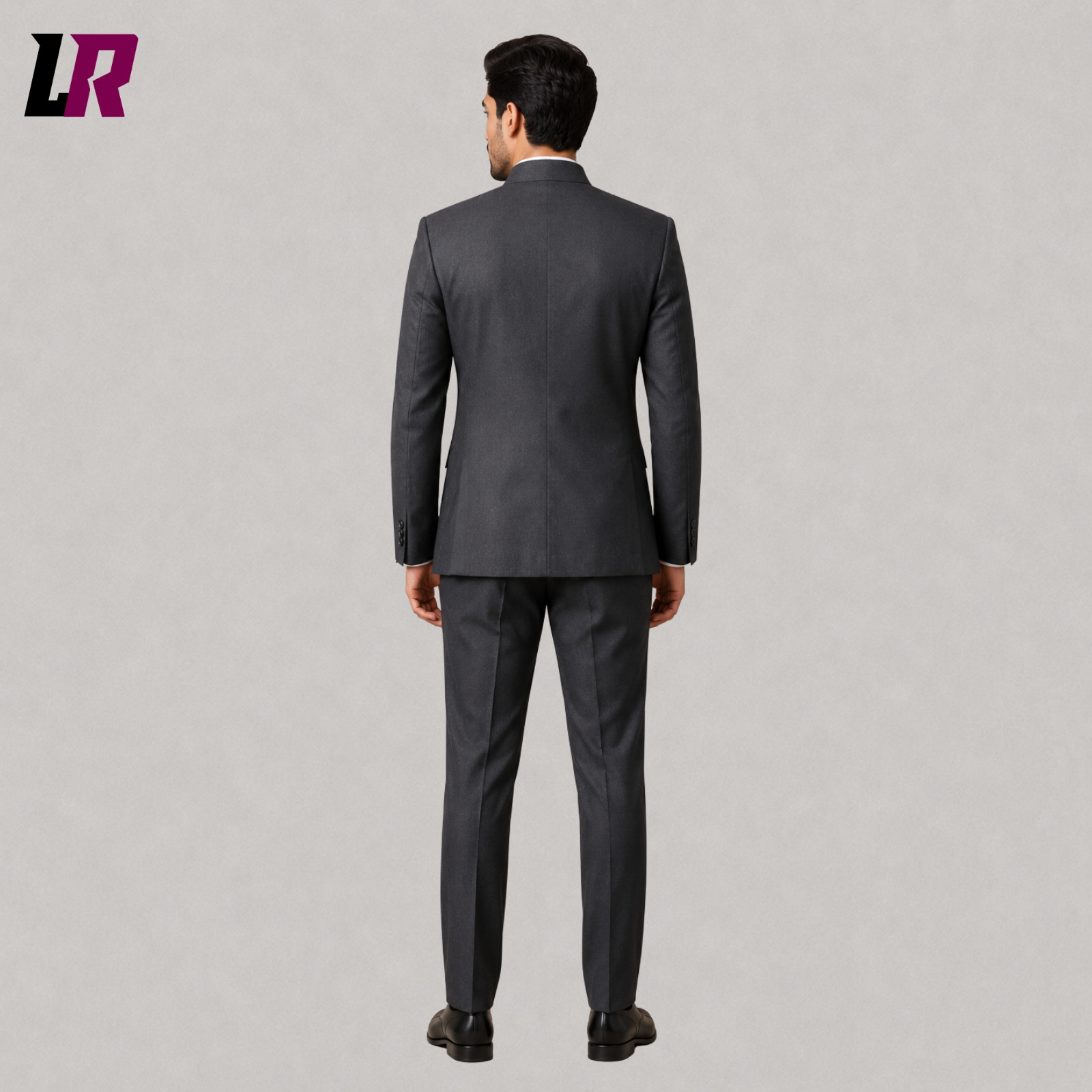 Back view of men's grey Mao style Mandarin collar suit with modern tailored fit