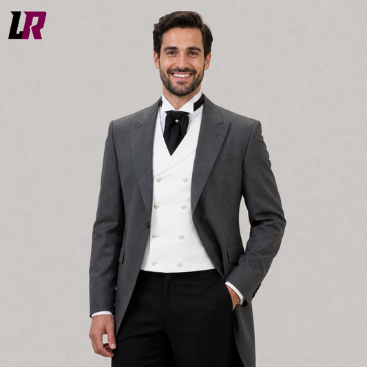 Close-up of grey morning tailcoat suit featuring premium tailoring, lapels, and formal detailing