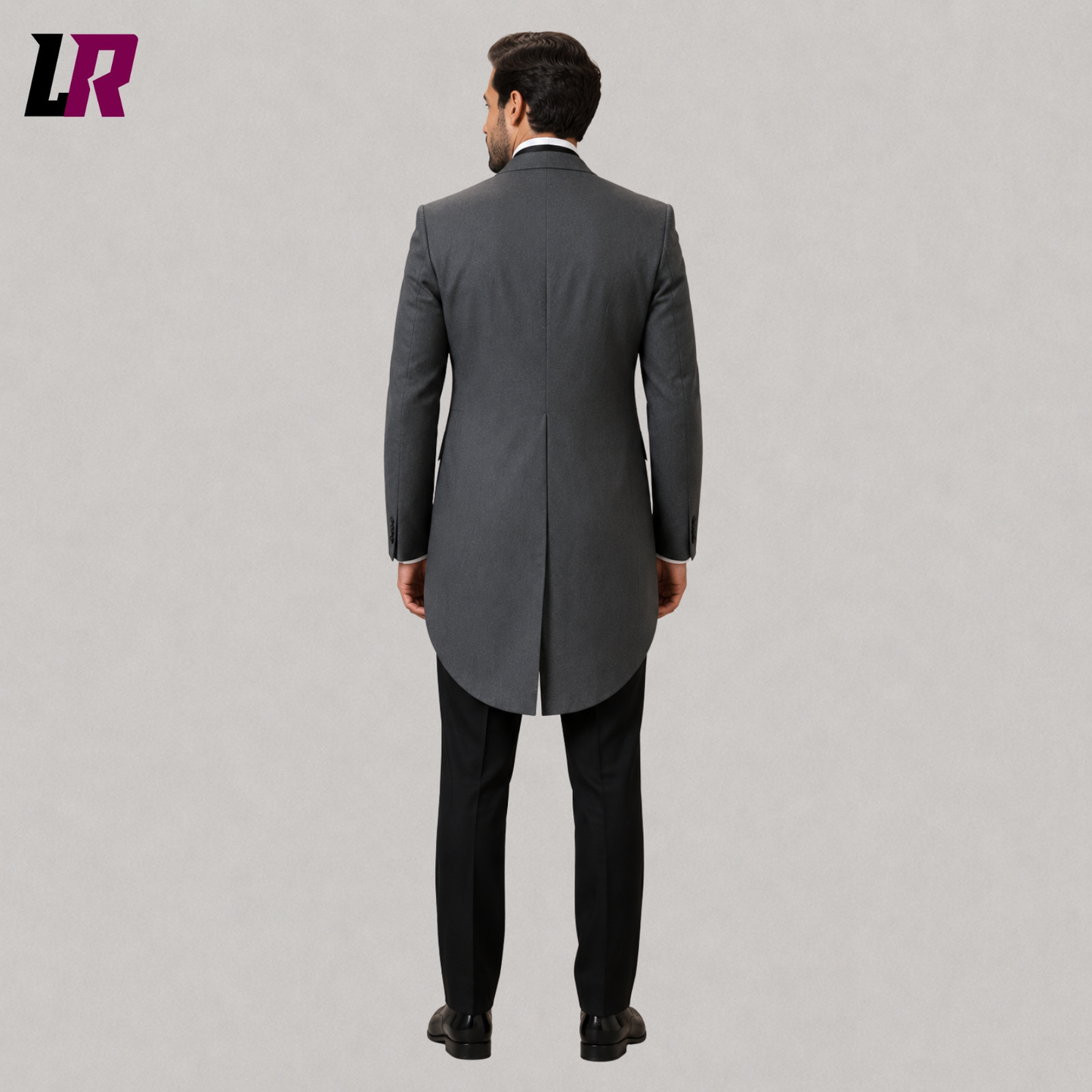 Back view of men's grey Edwardian morning tailcoat suit with elegant long-tail design