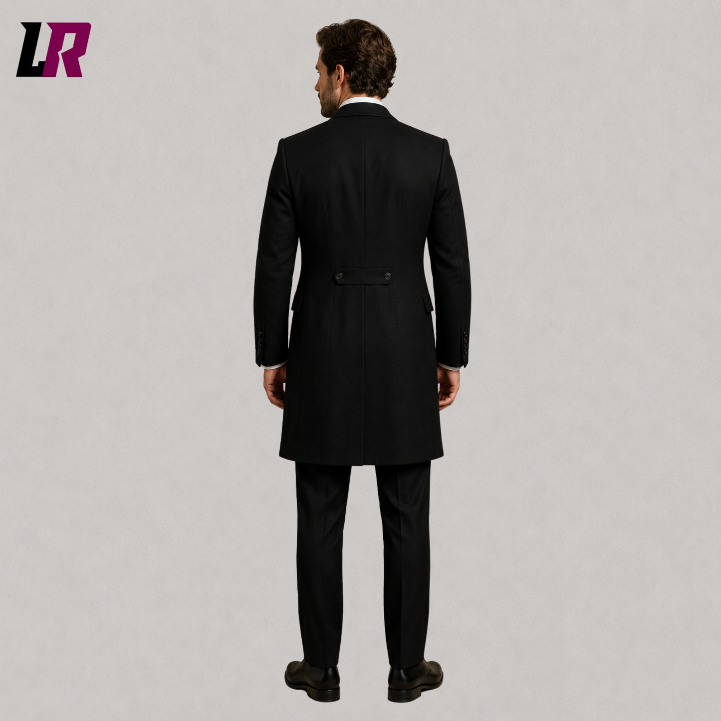 Back view of Victorian black Gothic tailcoat suit with long Regency-inspired silhouette