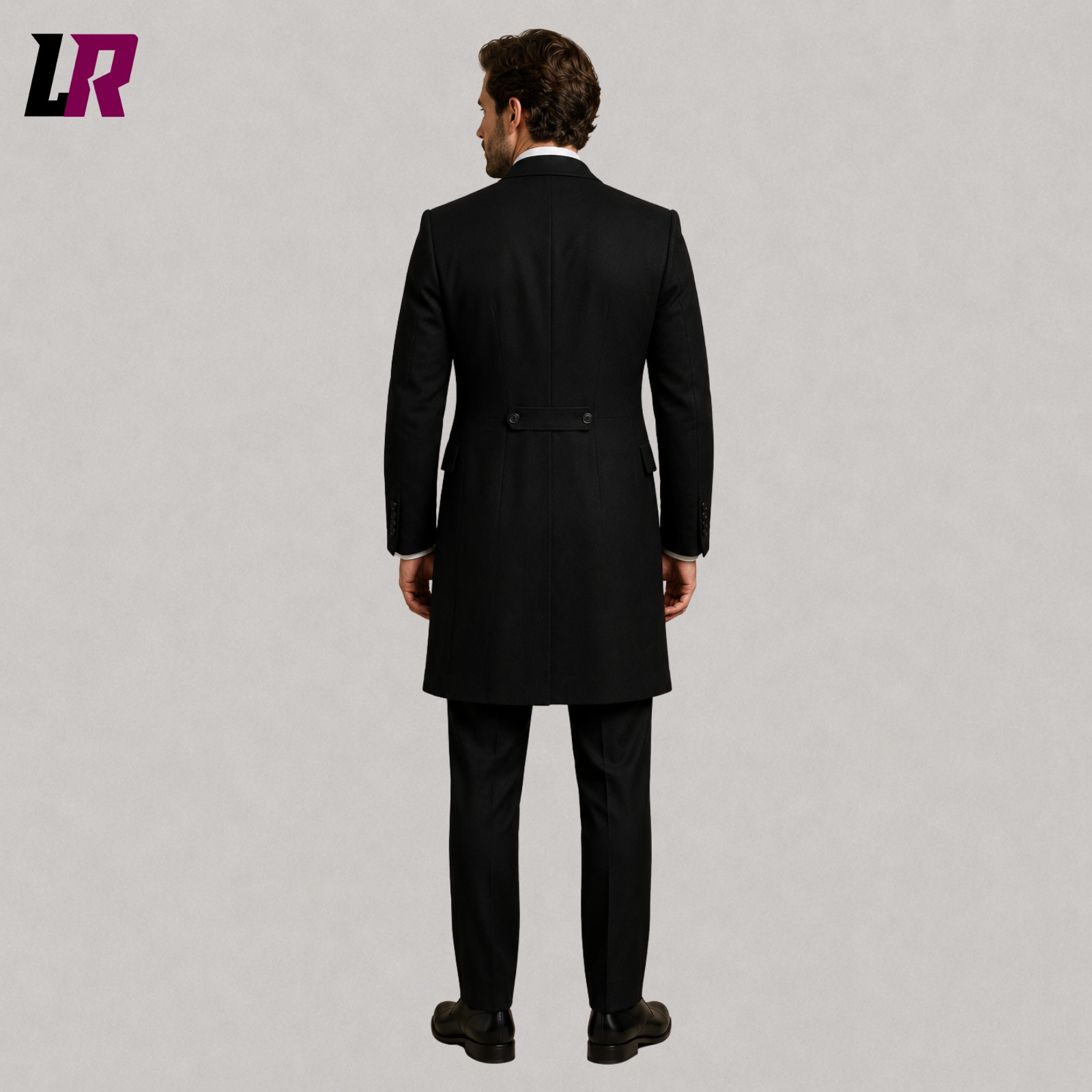 Back view of Victorian black Gothic tailcoat suit with long Regency-inspired silhouette