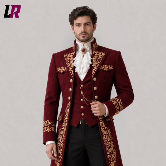 3-Piece Suit Men's Royal Maroon Velvet Tailcoat: Gold Embroidered Regency Frock Coat