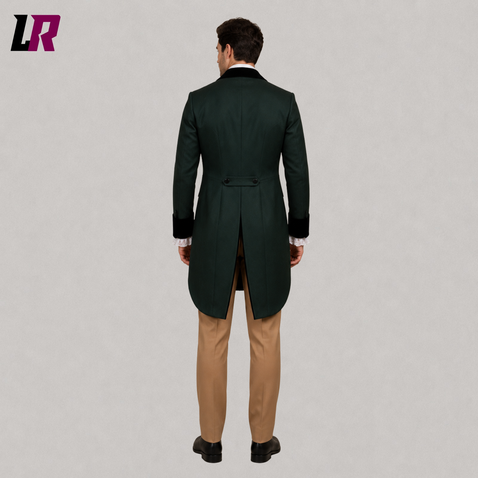 Back view of men's Regency tailcoat suit with elegant historical long-tail silhouette