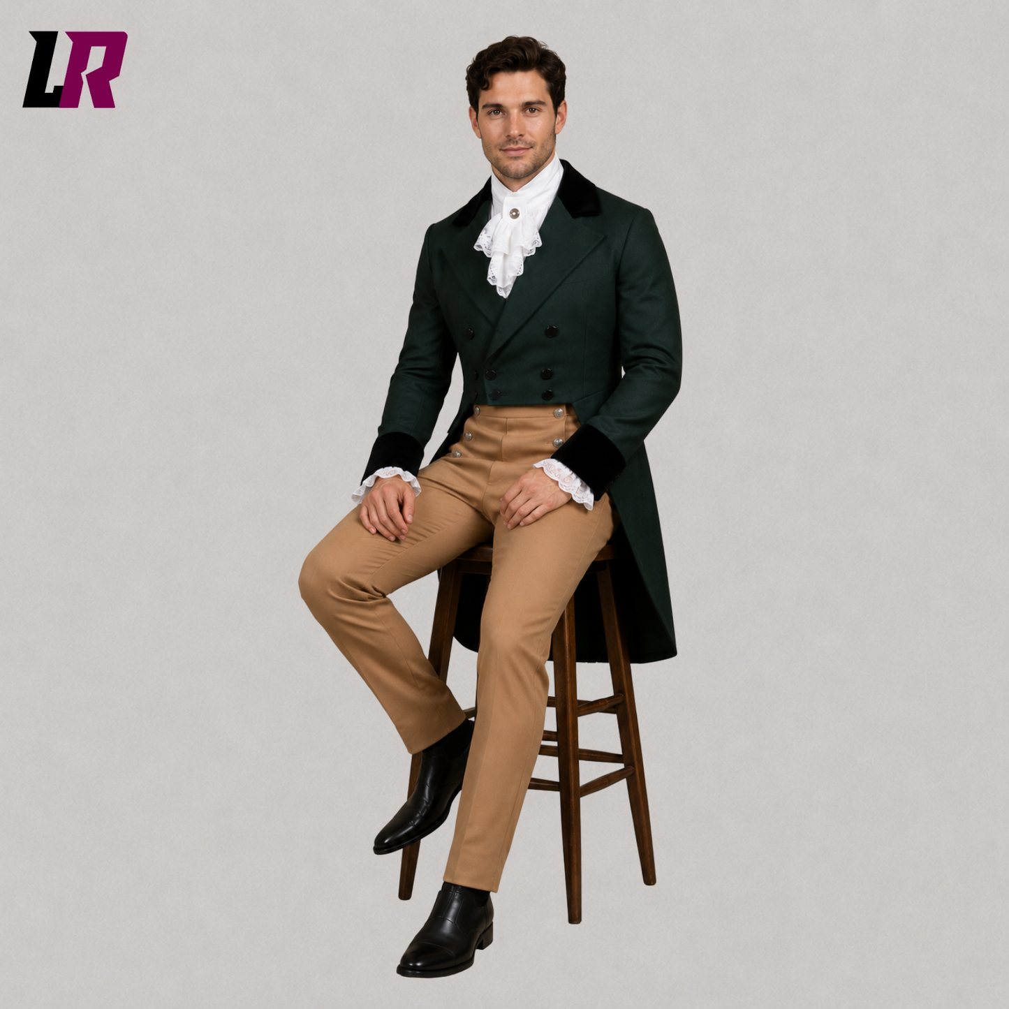 Man wearing a Regency Georgian tailcoat suit seated on a stool in a formal historical outfit