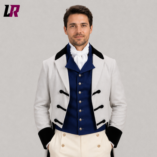 Close-up of men's Regency tailcoat outfit featuring Georgian military style details and premium tailoring