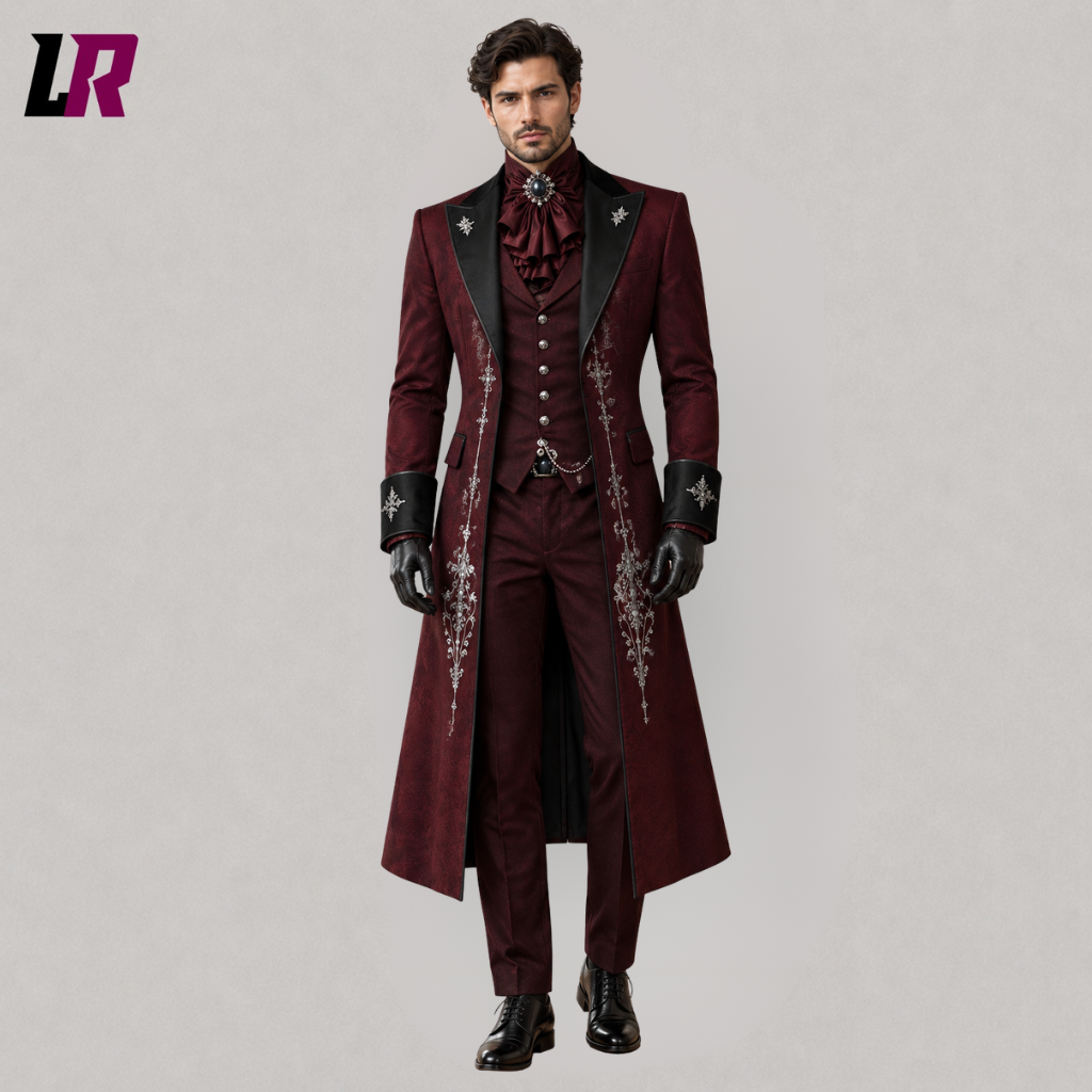 Men's Gothic Victorian 3-Piece Suit: Maroon Tailcoat with Silver Embroidery, Waistcoat & Trousers