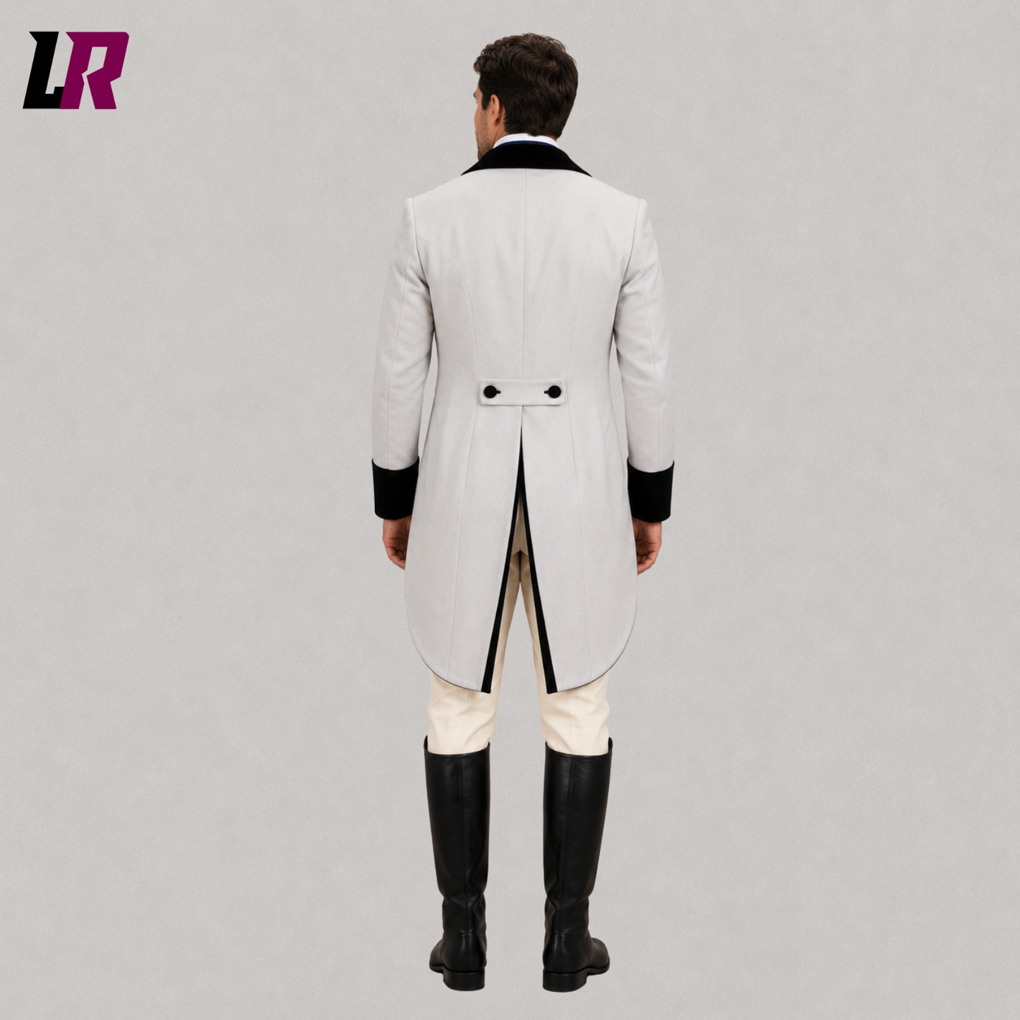 Back view of men's Regency tailcoat outfit with elegant Georgian military inspired tailcoat
