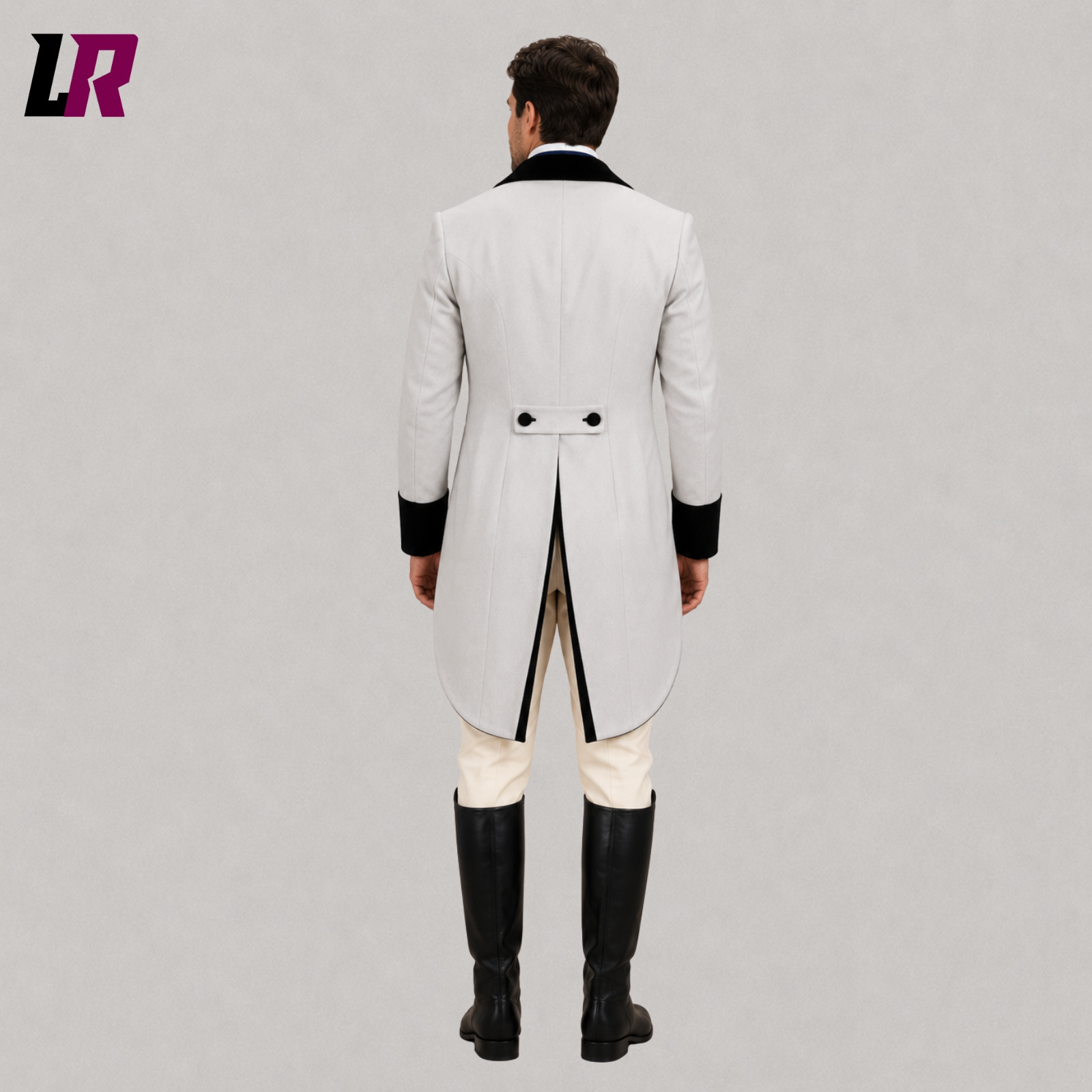 Back view of men's Regency tailcoat outfit with elegant Georgian military inspired tailcoat