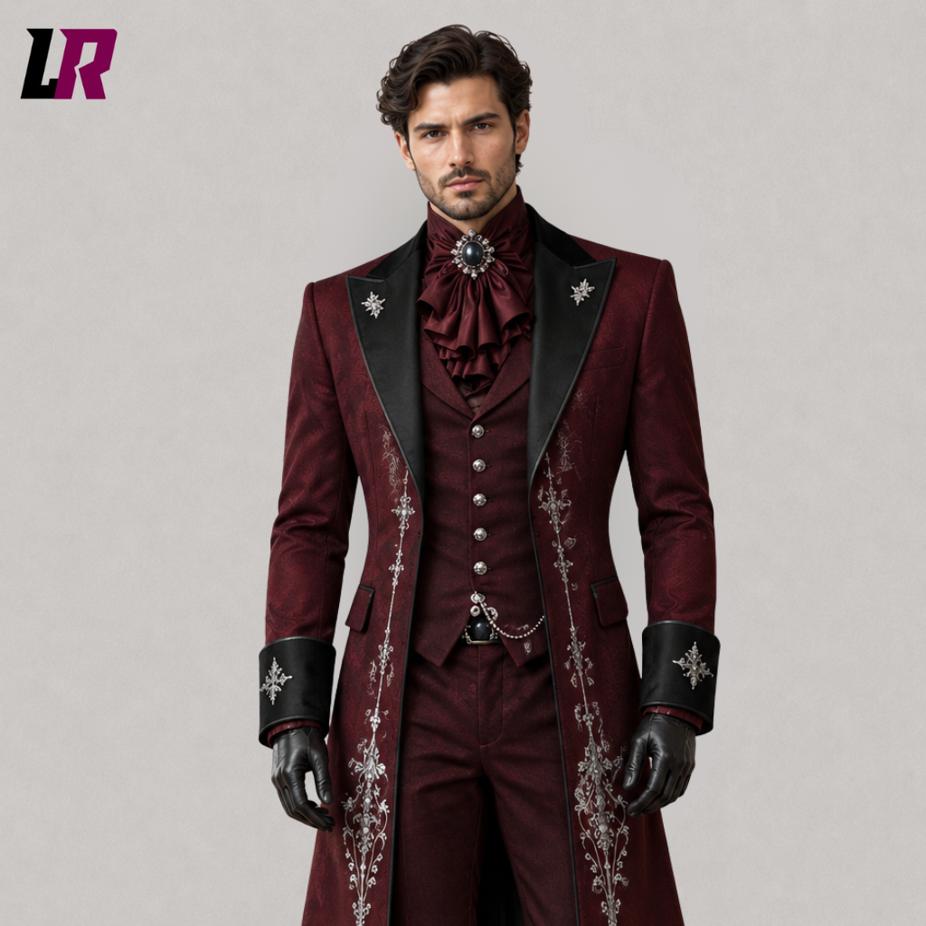 Men's Gothic Victorian 3-Piece Suit: Maroon Tailcoat with Silver Embroidery, Waistcoat & Trousers