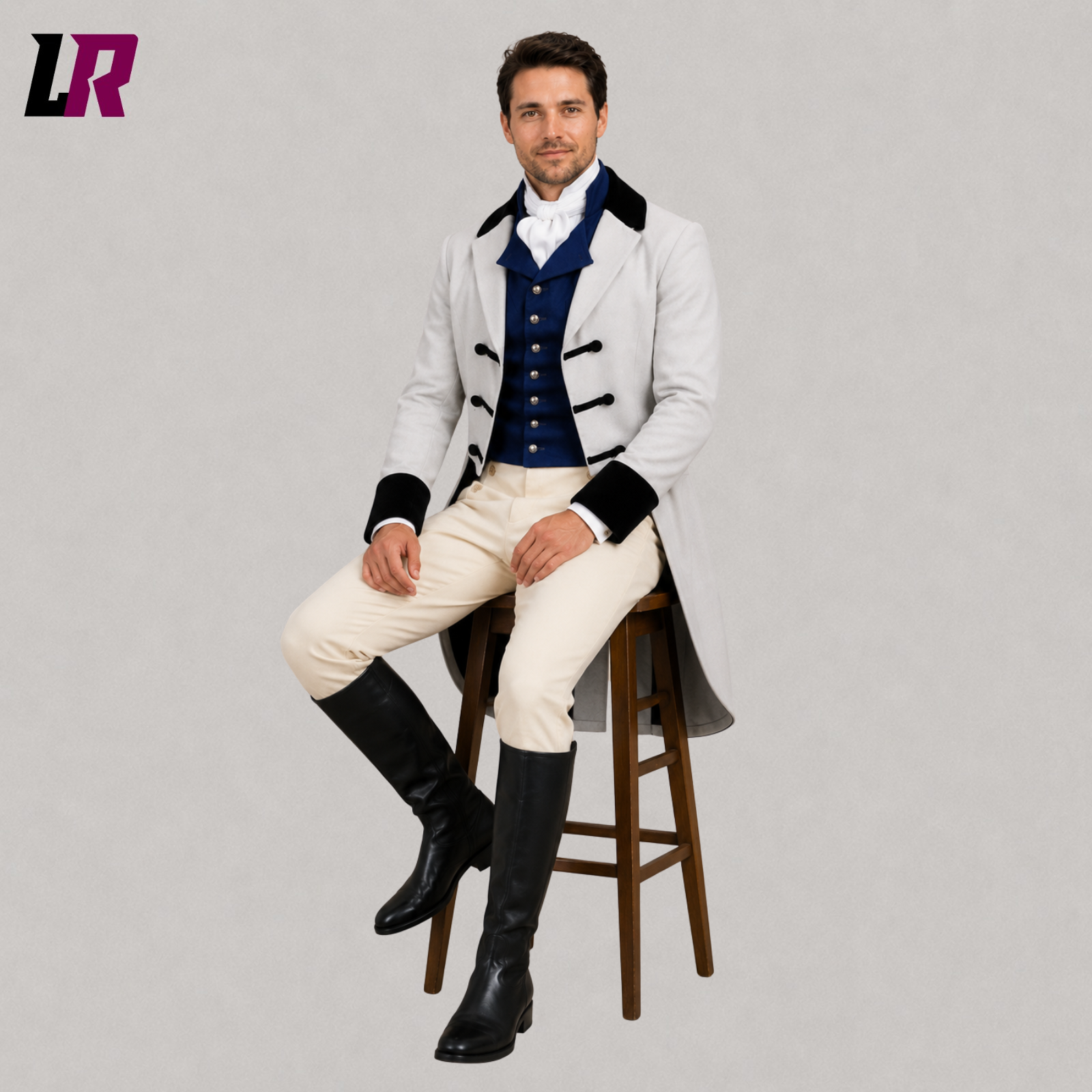 Man wearing a Regency Georgian military style tailcoat outfit seated on a stool in a formal portrait
