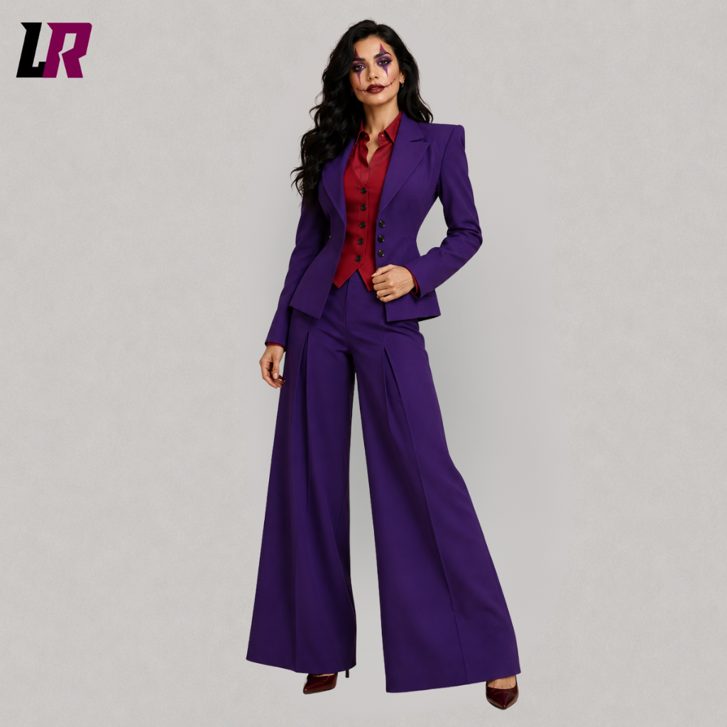 Women's purple burgundy Joker inspired Halloween suit, gothic pantsuit costume, purple and burgundy formal suit for women, villain inspired cosplay outfit, front view