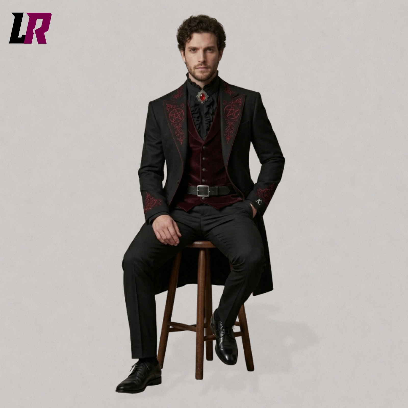 Full body seated portrait of a man wearing a gothic vampire tailcoat, Victorian Dracula wedding coat with black and red embroidery