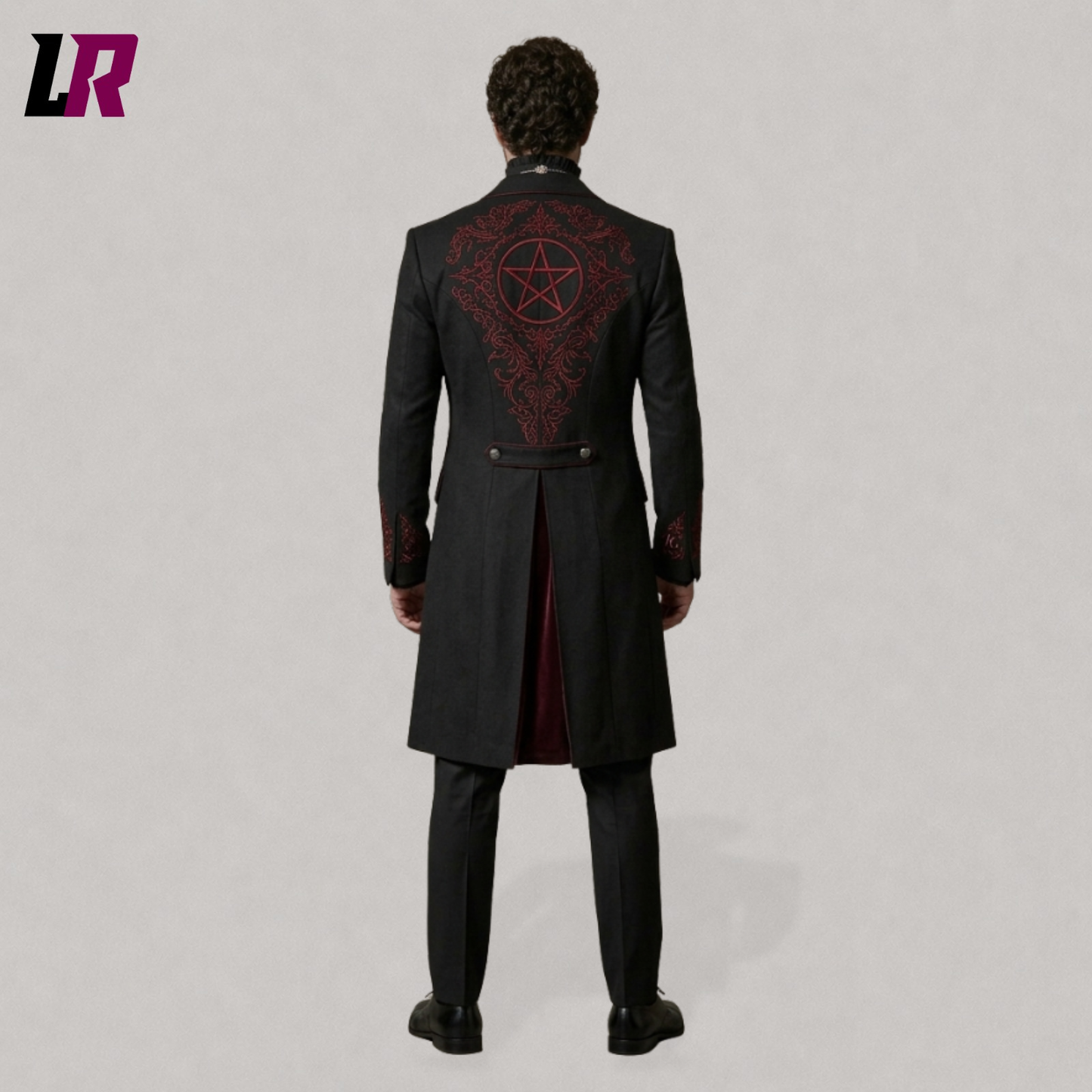 Back view of men's gothic vampire tailcoat featuring Victorian-inspired long tail design and embroidered details