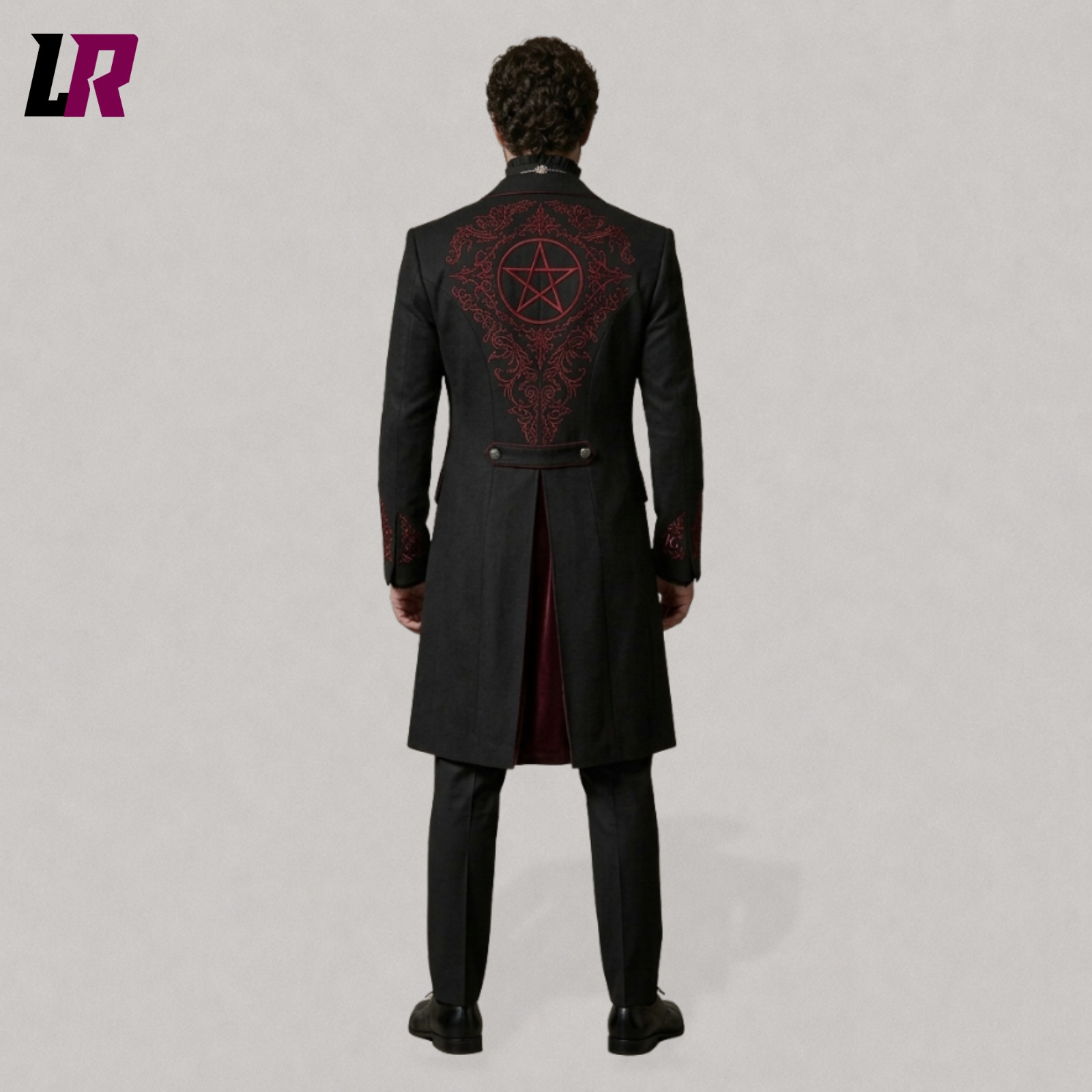 Back view of men's gothic vampire tailcoat featuring Victorian-inspired long tail design and embroidered details
