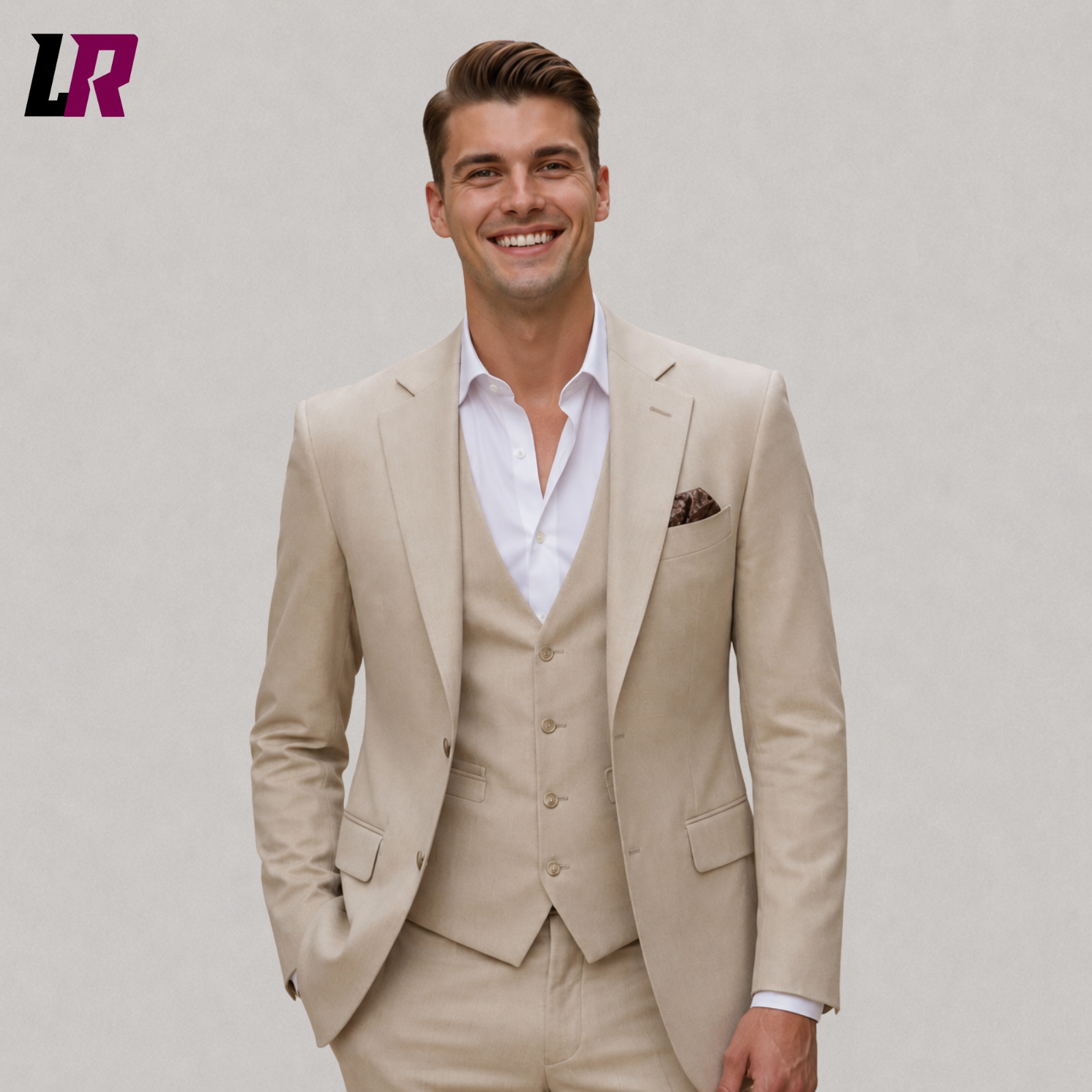 Close-up of men's beige 3 piece suit featuring slim fit tailoring and matching vest