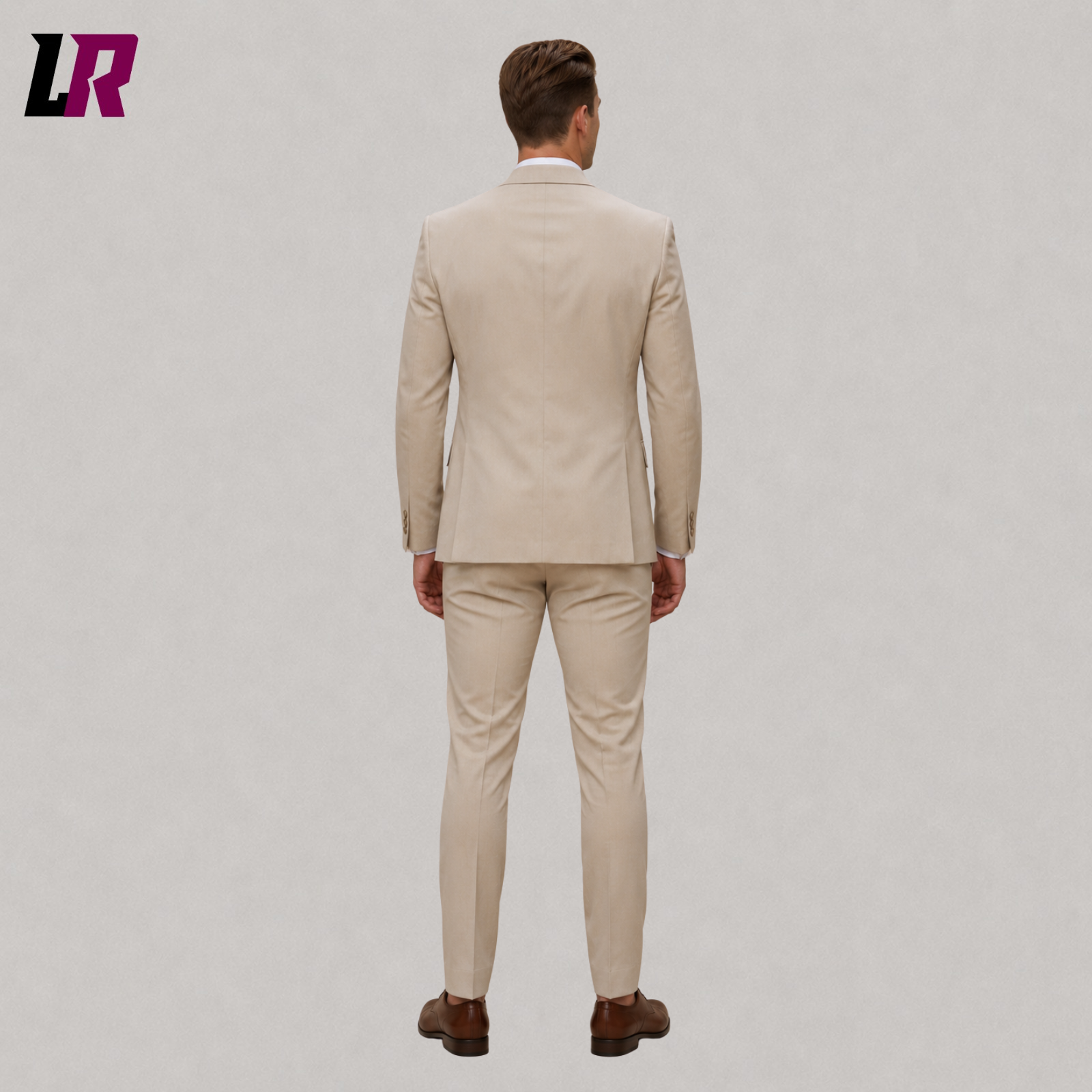 Back view of men's beige 3 piece suit with tailored cream formal fit