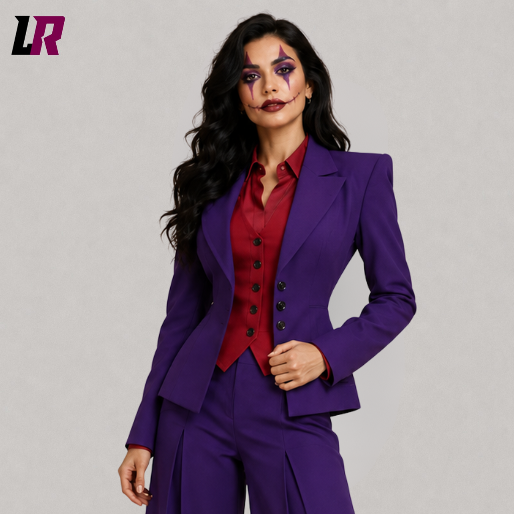 Close-up of women's purple burgundy Halloween suit, Joker inspired gothic pantsuit costume, tailored formal details, villain inspired women's cosplay clothing