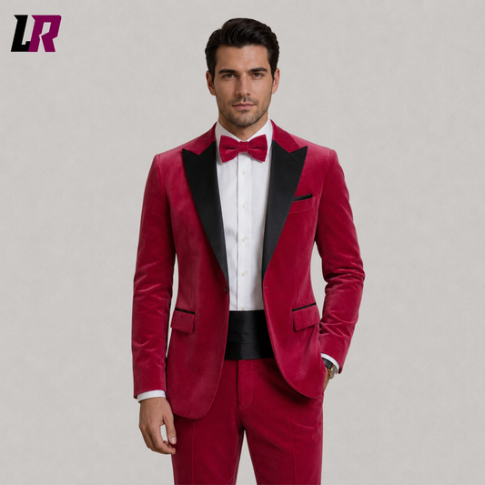 Close-up of men's hot pink velvet tuxedo blazer featuring black satin lapel and premium tailoring