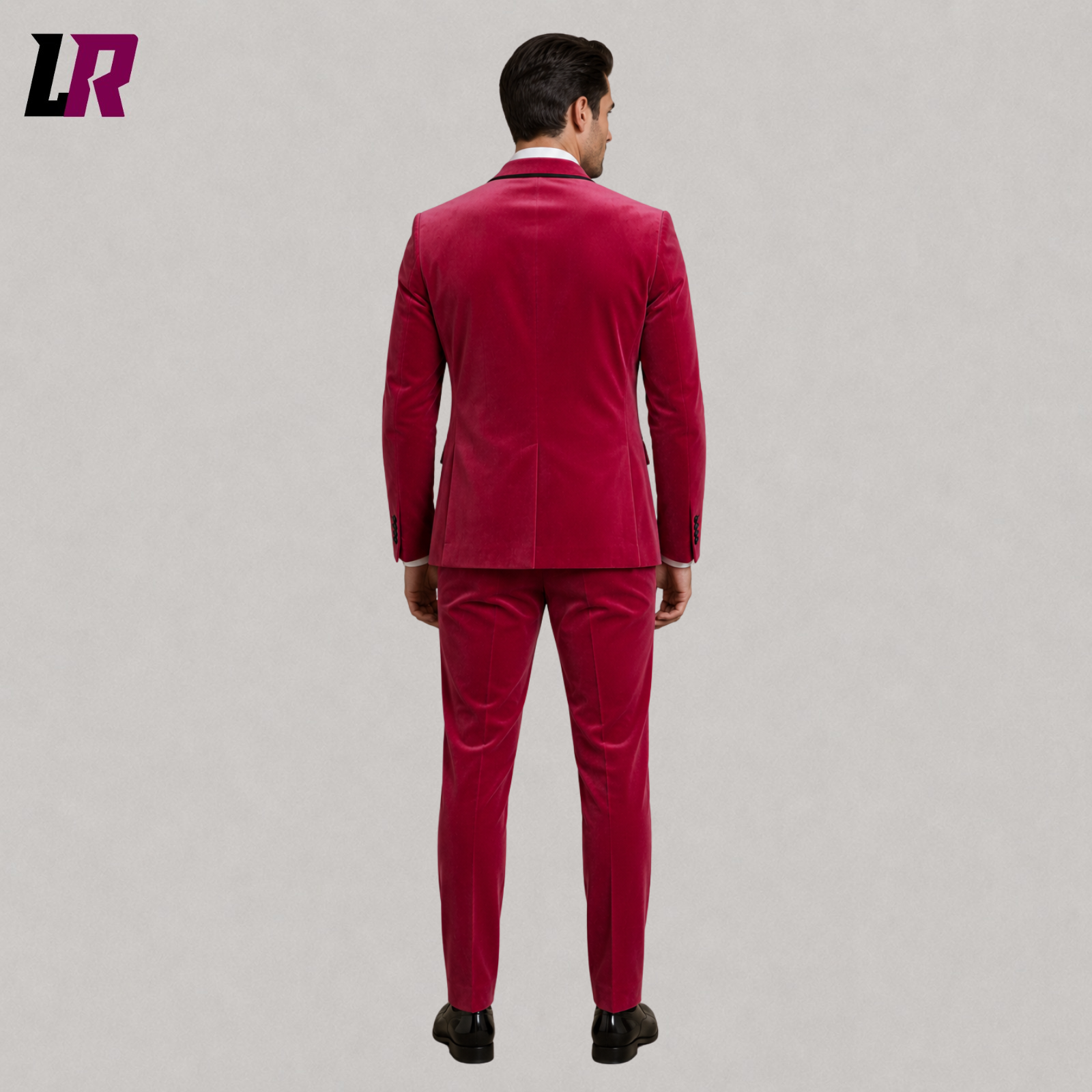 Back view of men's hot pink velvet tuxedo suit with tailored slim fit silhouette