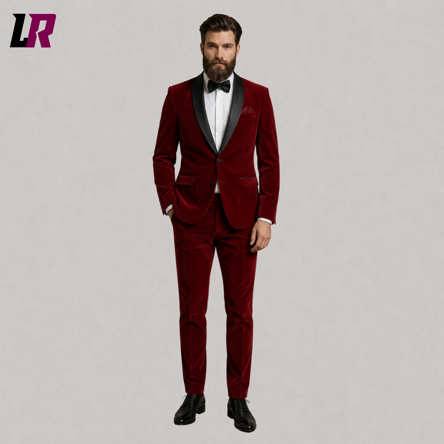 Luxury men's red velvet wedding tuxedo front view with black satin lapel and slim fit tailoring