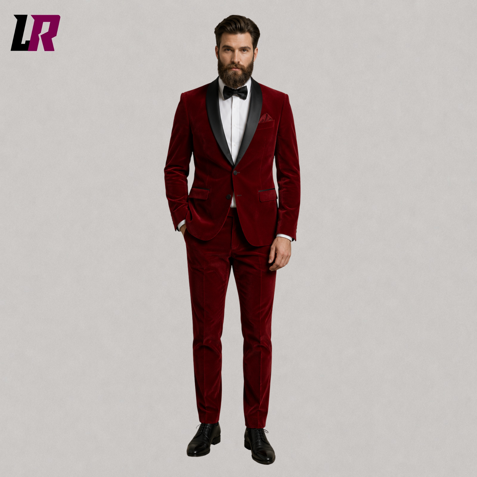 Luxury men's red velvet wedding tuxedo front view with black satin lapel and slim fit tailoring
