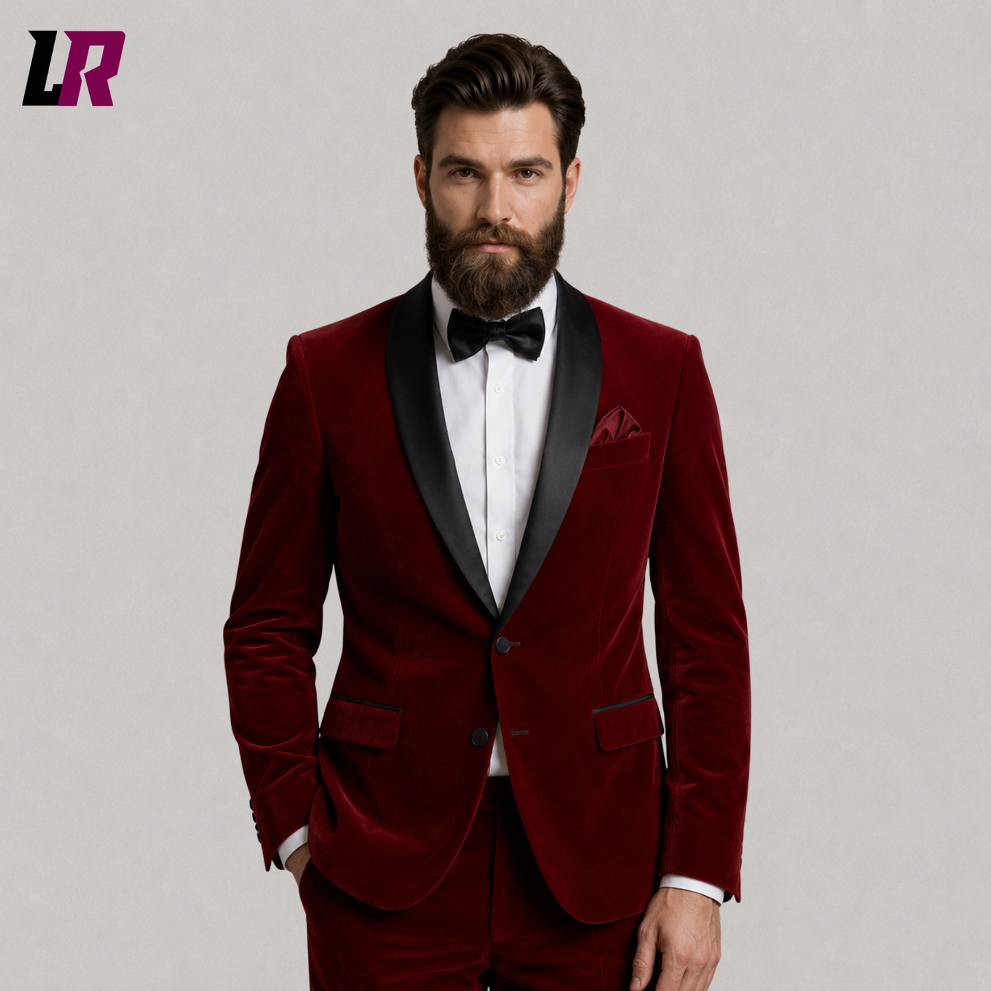 Close-up of men's red velvet tuxedo featuring black satin lapel and premium designer craftsmanship