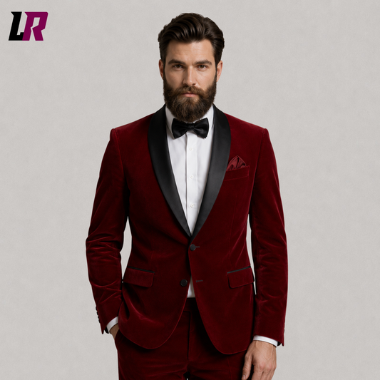 Close-up of men's red velvet tuxedo featuring black satin lapel and premium designer craftsmanship