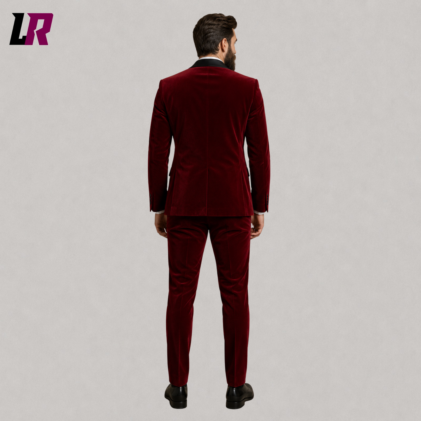 Back view of luxury men's red velvet wedding tuxedo with tailored slim fit silhouette