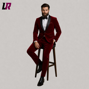 Luxury Men's Red Velvet Wedding Tuxedo | Black Satin Lapel Designer Slim Fit Suit