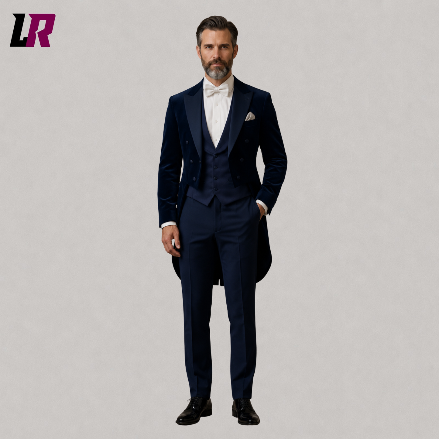 Men's navy blue velvet tailcoat tuxedo front view with double-breasted design and satin lapels