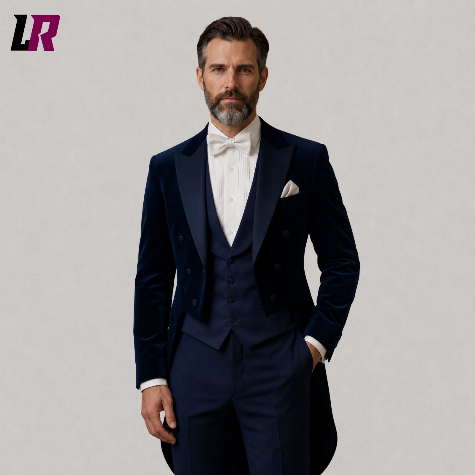 Close-up of men's navy blue velvet tailcoat tuxedo featuring satin lapels and premium tailoring