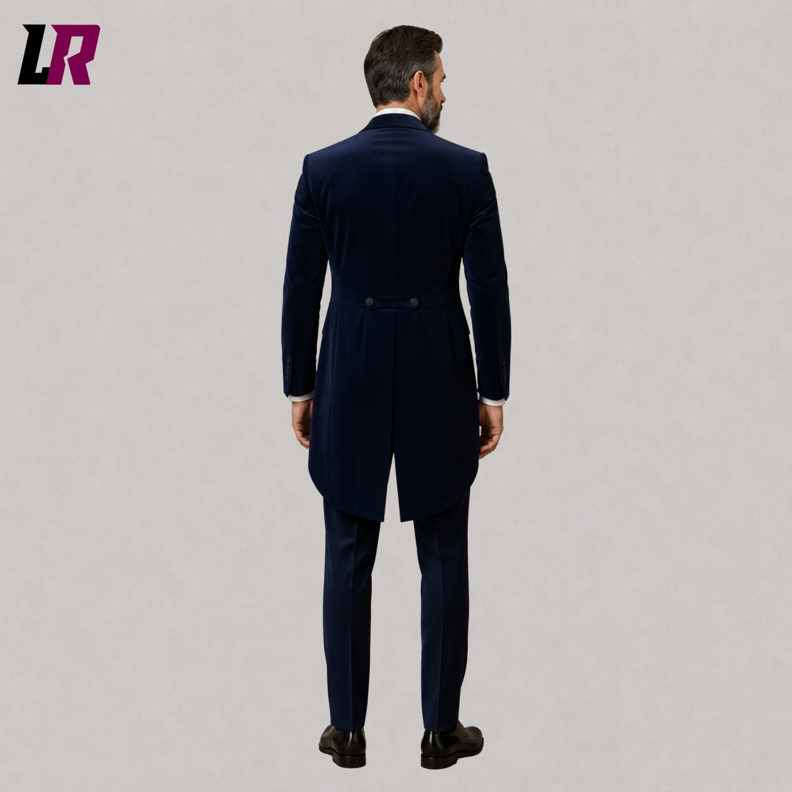 Back view of men's navy blue velvet tailcoat tuxedo with elegant long-tail silhouette