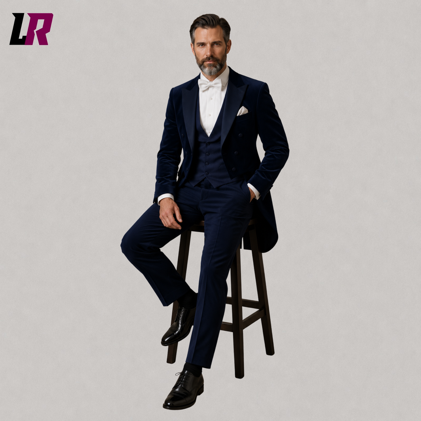 Man wearing a navy blue velvet tailcoat tuxedo seated on a stool in a luxury formal portrait