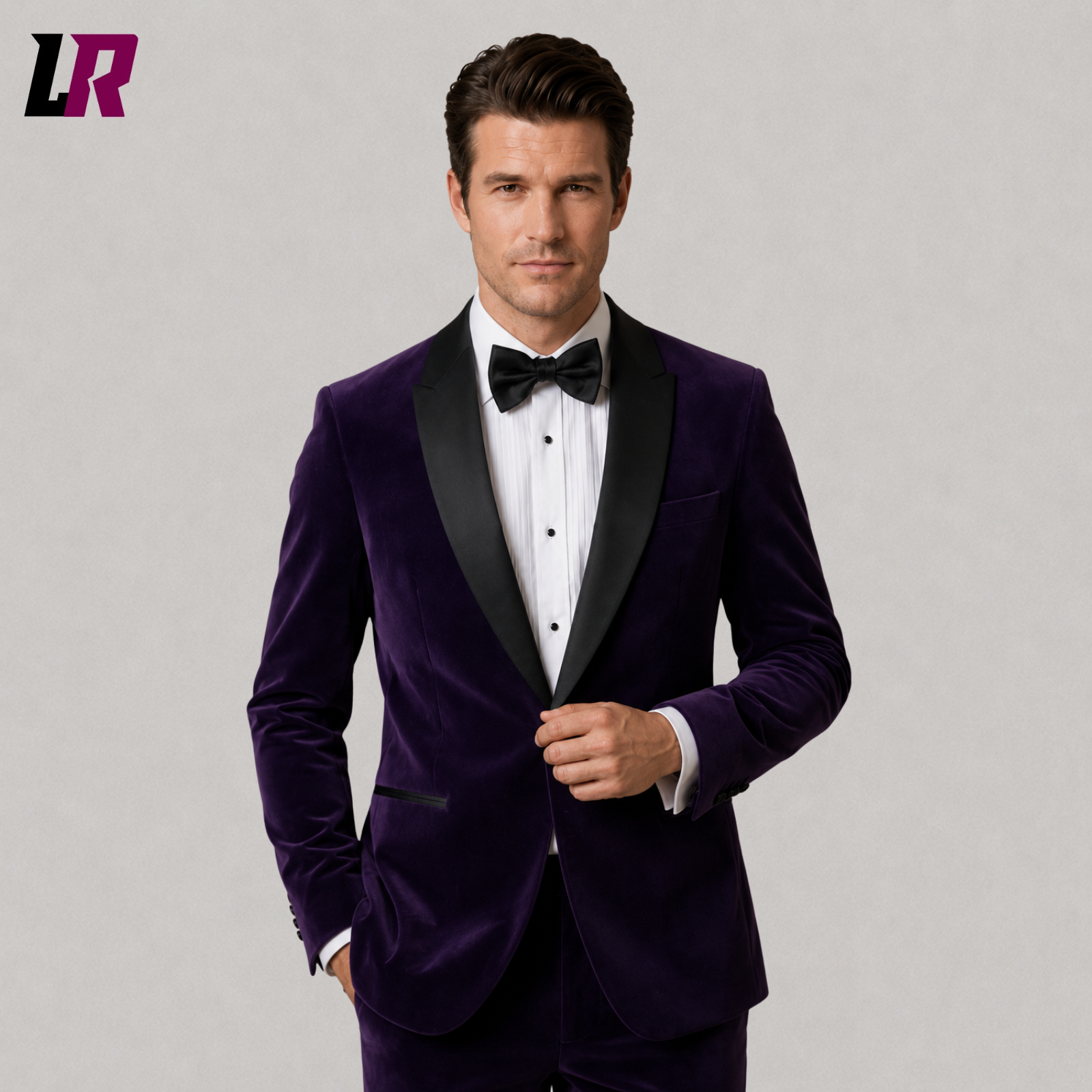 Close-up of men's purple velvet dinner jacket featuring black satin lapels and premium tailoring