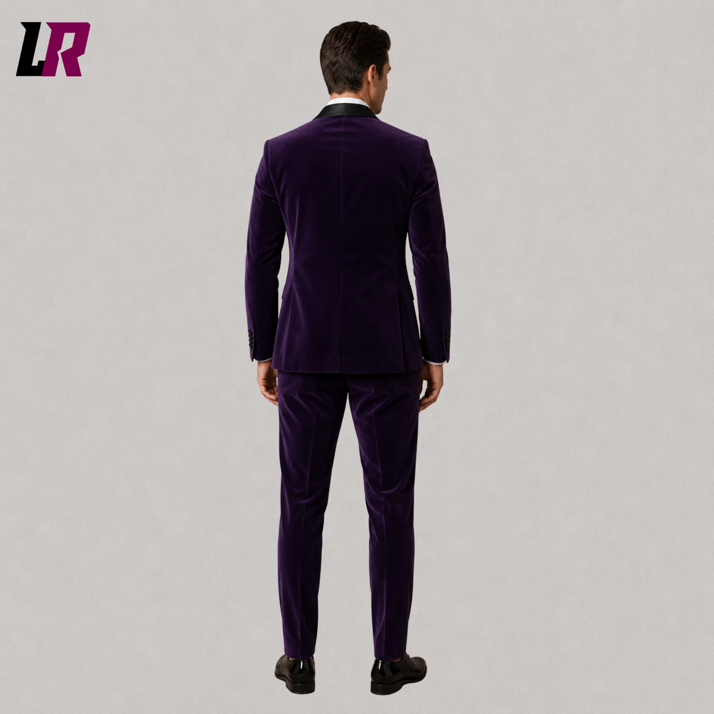 Back view of men's purple velvet dinner jacket suit with elegant tailored silhouette