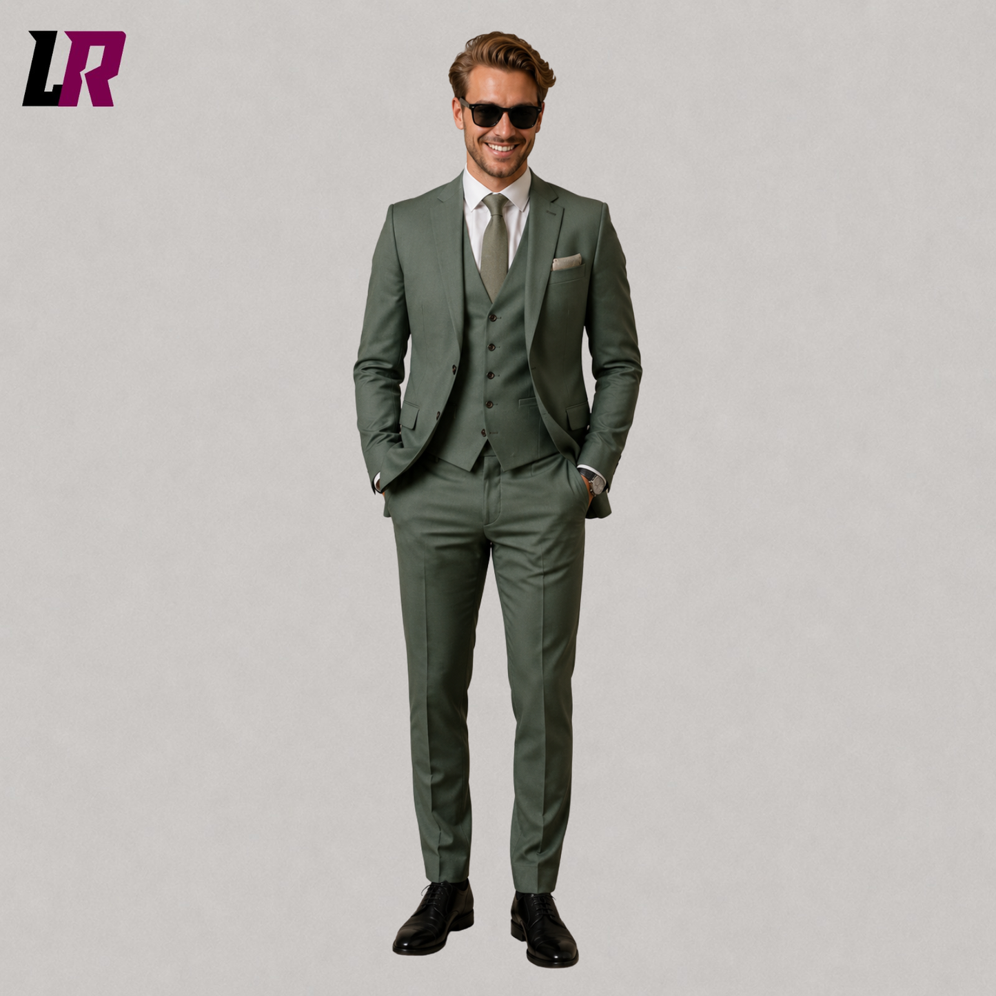 Men's sage green 3-piece suit front view with matching vest and slim fit tailoring
