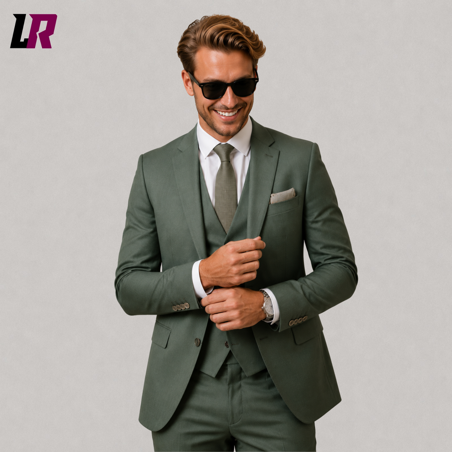 Close-up of men's sage green 3-piece suit featuring premium fabric, vest, and tailored details