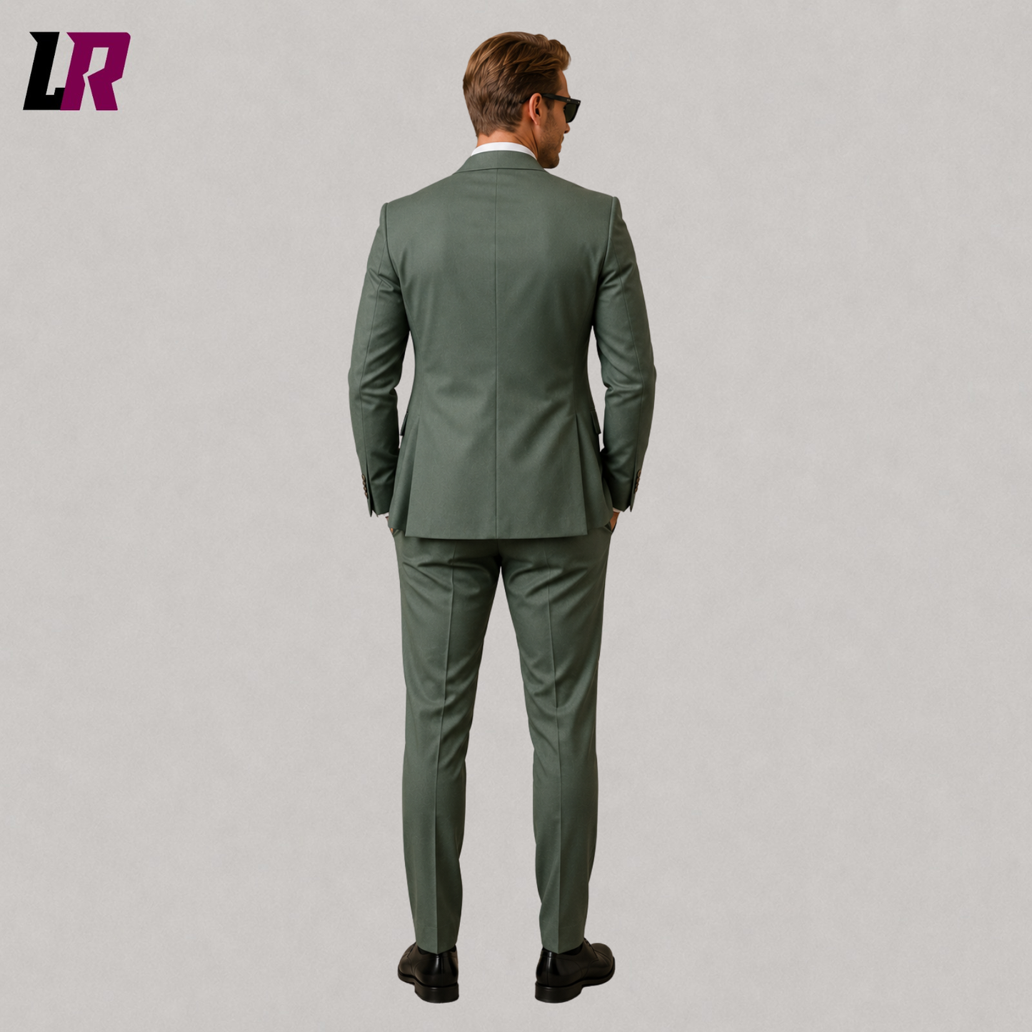Back view of men's sage green 3-piece suit with modern slim fit silhouette