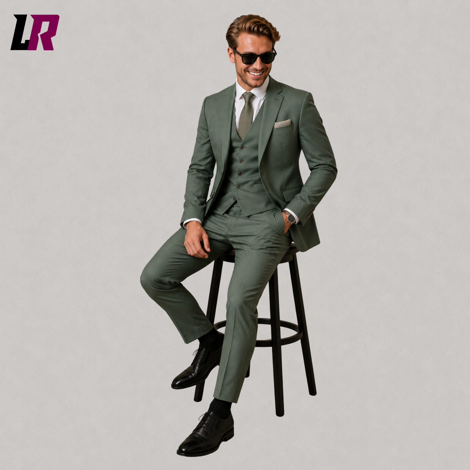 Man wearing a sage green 3-piece suit seated on a stool in a formal portrait