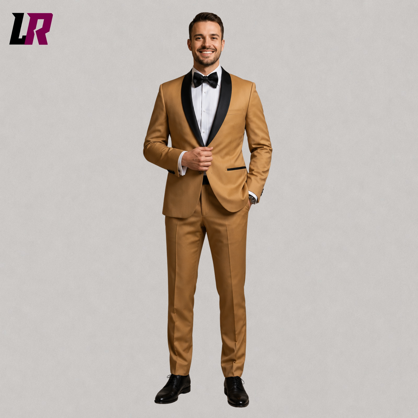 Men's camel tuxedo suit front view with handmade shawl lapel and tailored fit