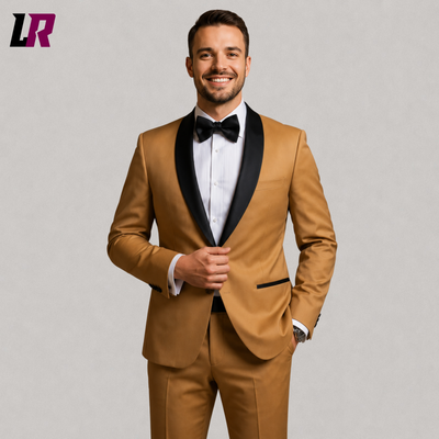 Men's Camel Tuxedo Suit | Handmade Shawl Lapel Custom Wedding Suit