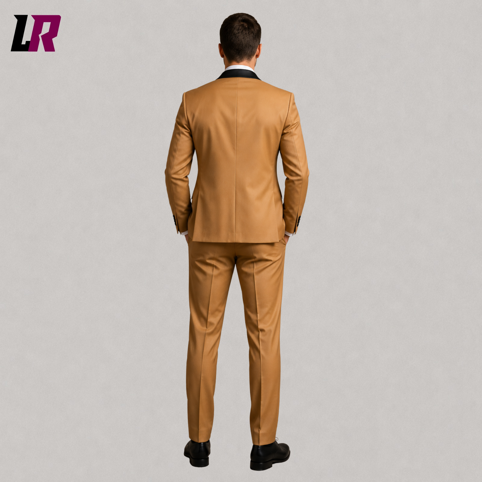 Back view of men's camel tuxedo suit with elegant slim fit silhouette