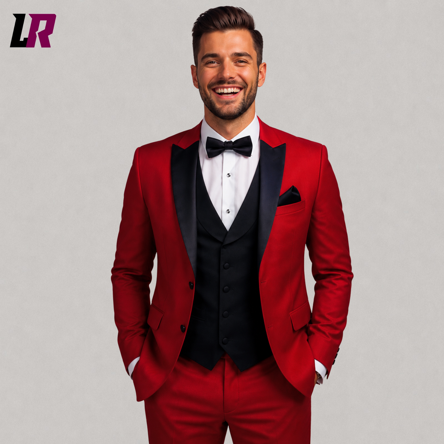 Close-up of men's red tuxedo suit featuring a black shawl lapel and premium handmade tailoring