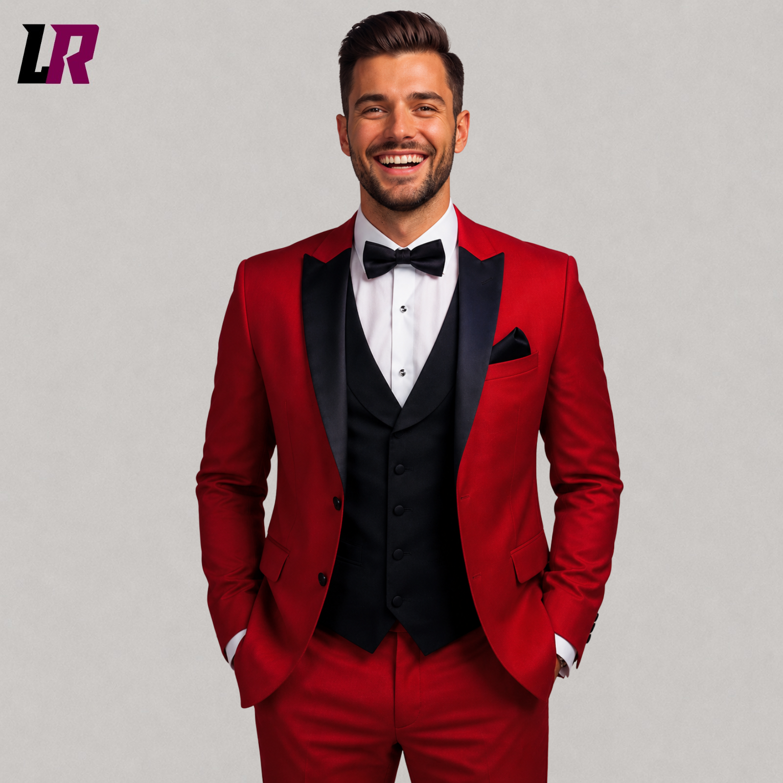 Close-up of men's red tuxedo suit featuring a black shawl lapel and premium handmade tailoring