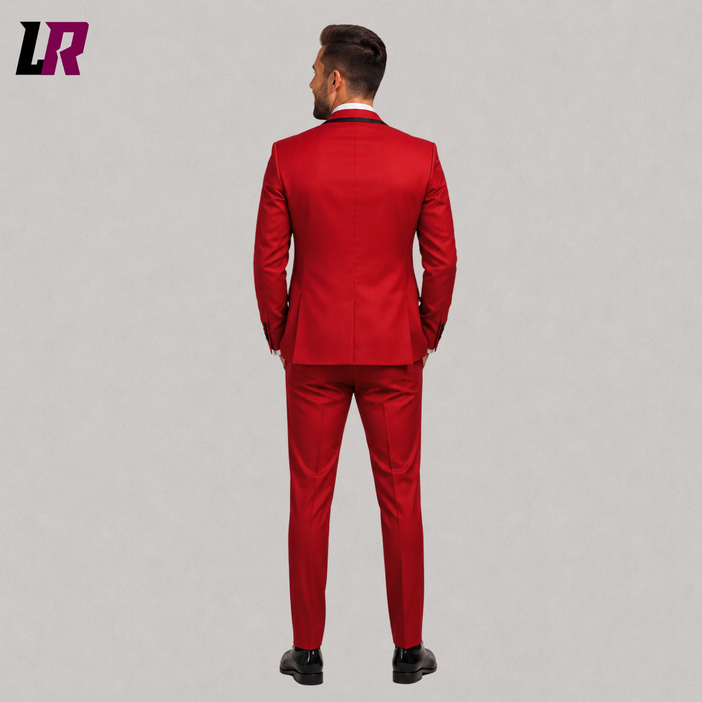 Back view of men's red 3 piece tuxedo suit with elegant slim fit silhouette