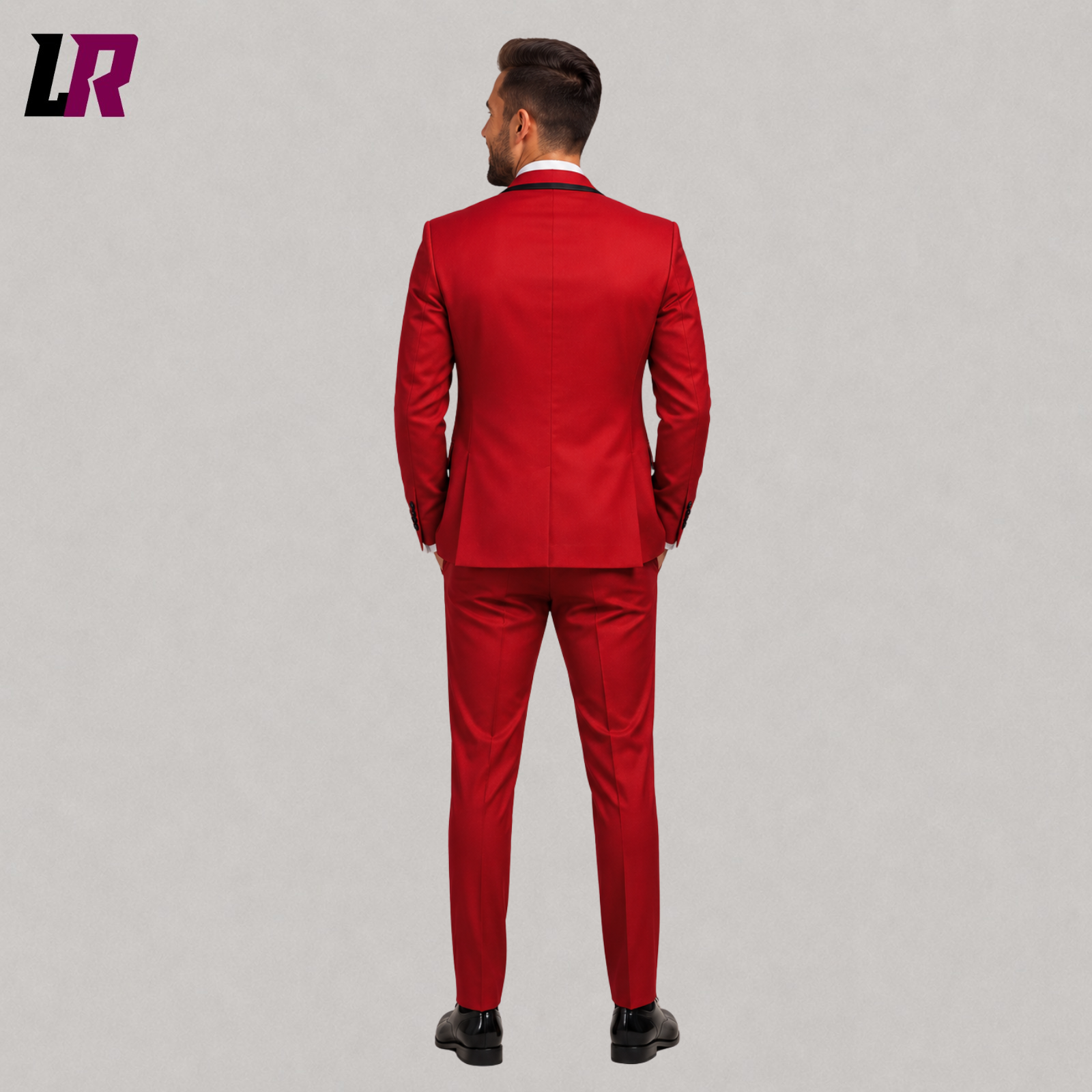 Back view of men's red 3 piece tuxedo suit with elegant slim fit silhouette