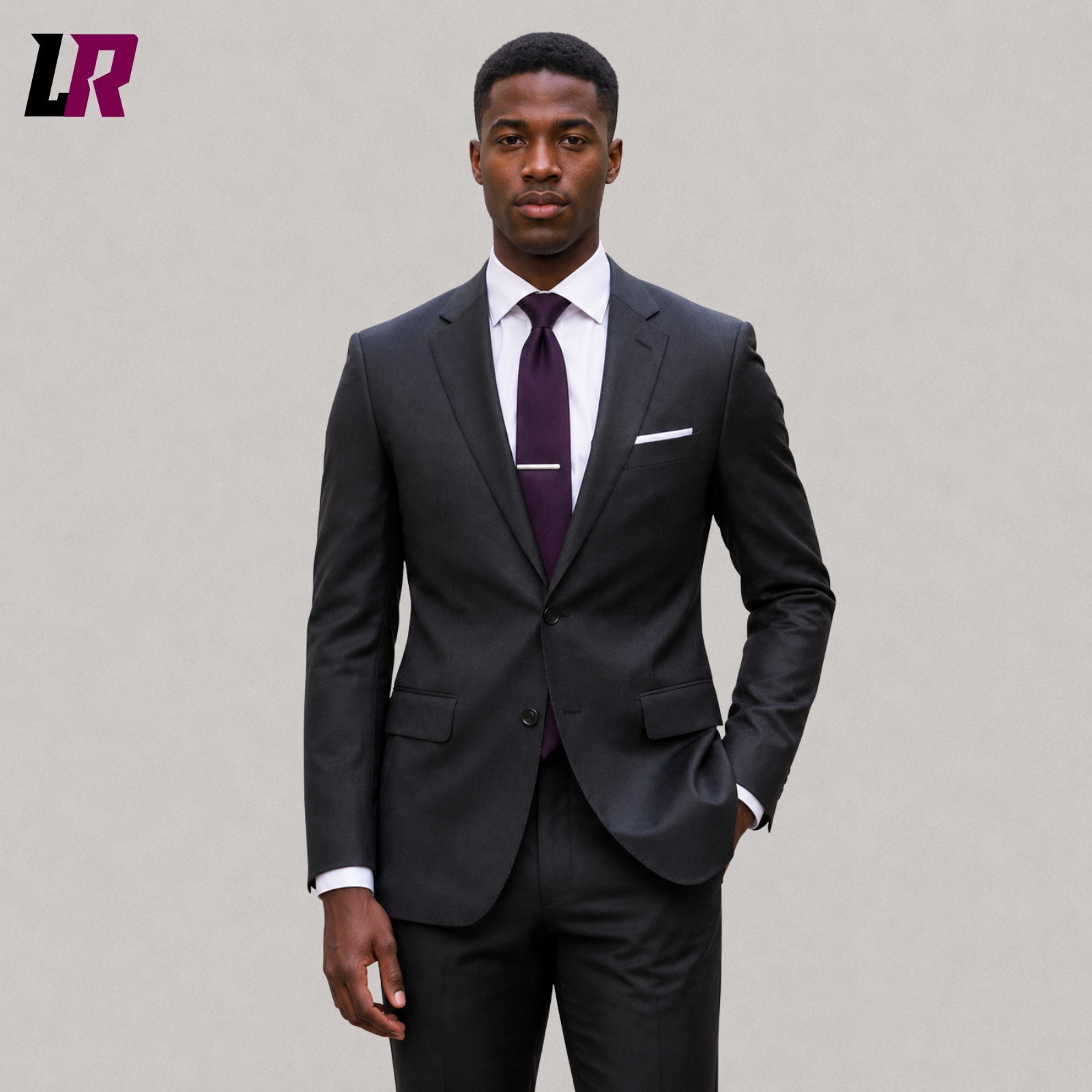 Close-up of custom charcoal grey suit featuring premium handmade tailoring and elegant details