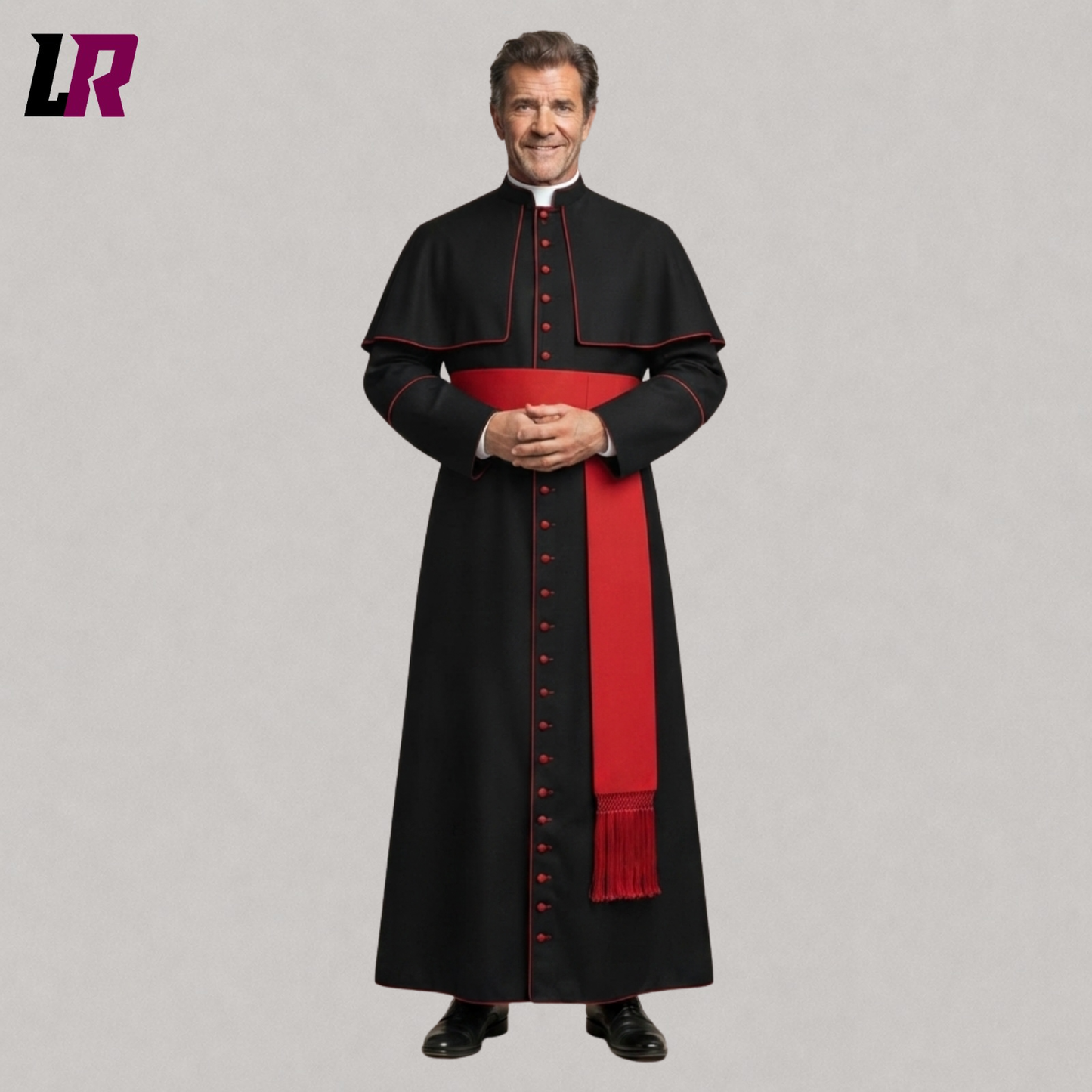 Custom traditional black priest cassock front view with red piping and matching sash