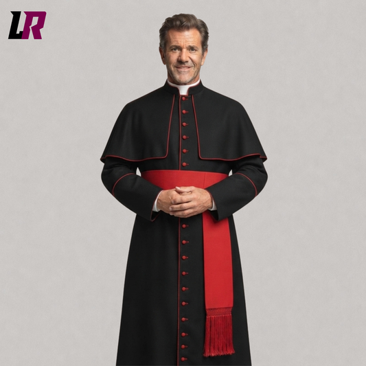 Close-up of handmade black Catholic priest cassock featuring red piping and premium craftsmanship