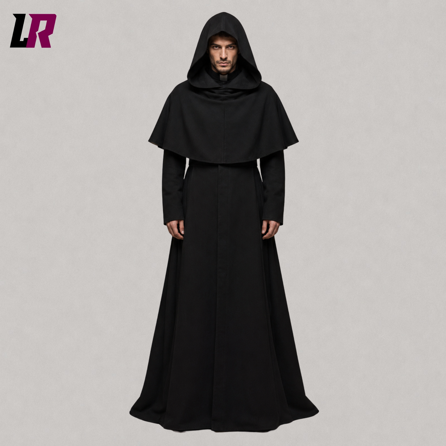 Black hooded monk robe for men front view with traditional monastic habit design